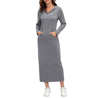 Women's Hooded Long Sleeve Maxi Dress, Half-Zip Casual Sweatshirt Dress