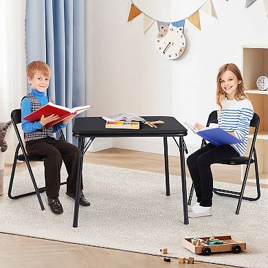 3-Piece Kids Folding Table and Chairs Set, Durable Steel Structure Portable Furniture