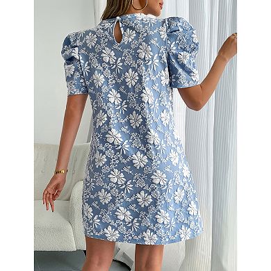Women Floral Short Puff Sleeve Vintage Shift Dress