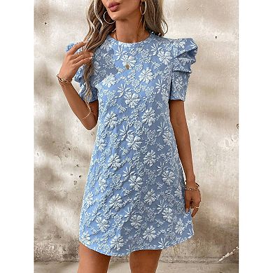 Women Floral Short Puff Sleeve Vintage Shift Dress
