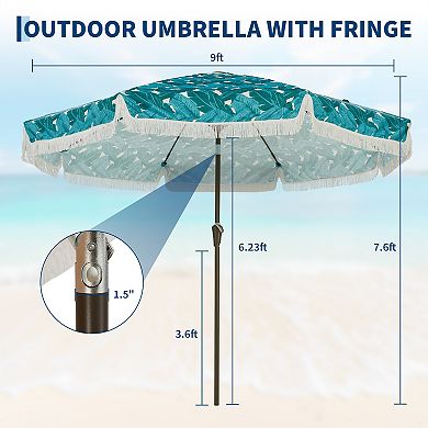 Windproof Boho Fringe 9FT Patio Umbrella Push Button Tilt Sun Protection Shade for Pool Yard Deck