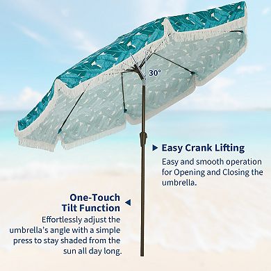 Windproof Boho Fringe 9FT Patio Umbrella Push Button Tilt Sun Protection Shade for Pool Yard Deck