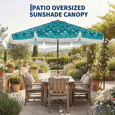 Windproof Boho Fringe 9FT Patio Umbrella Push Button Tilt Sun Protection Shade for Pool Yard Deck