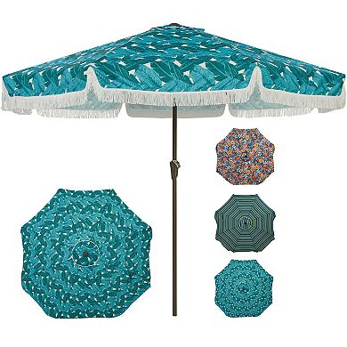 Windproof Boho Fringe 9FT Patio Umbrella Push Button Tilt Sun Protection Shade for Pool Yard Deck
