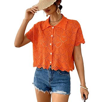 Crochet Top for Women Summer Sweater Short Sleeve Button Down Hollow Out Shirts Casual Beach Clothes