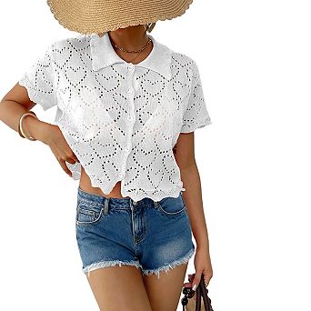 Crochet Top for Women Summer Sweater Short Sleeve Button Down Hollow Out Shirts Casual Beach Clothes