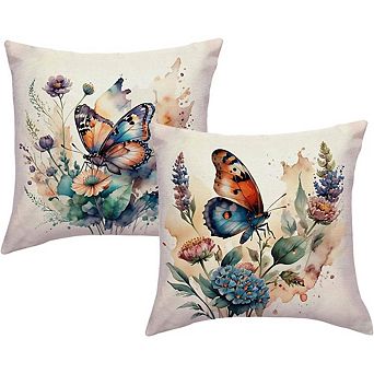 Butterfly Wildflower Throw Pillow Covers Set, Watercolor Nature Print, Durable Fabric