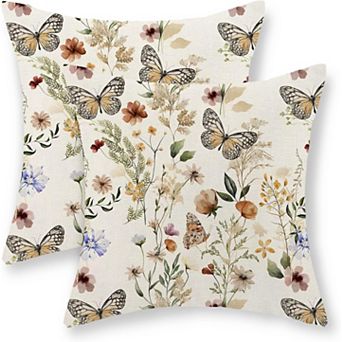 Floral Throw Pillow Covers Set of 2, Watercolor Botanical Design, Linen Fabric, Hidden Zipper