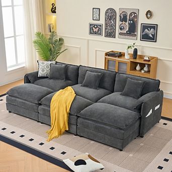 Oversized Deep-Seat Sectional Cloud Sofa Sleeper with 3 Ottomans & Pillows