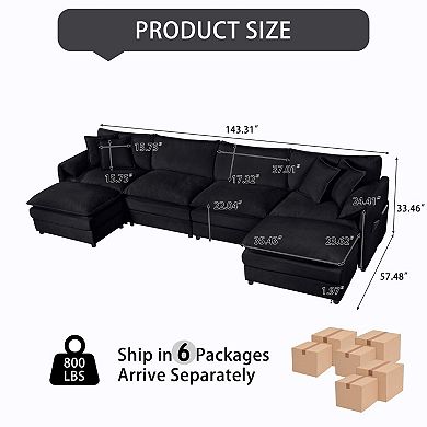 Oversized U-Shape Chenille Sectional - 4-Seat Deep-Seat Cloud Couch with 2 Ottomans