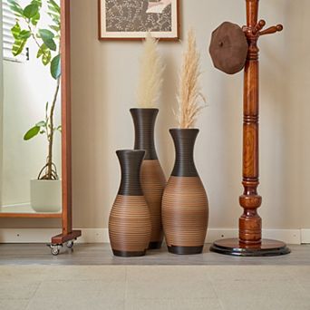 Set of 3 Designer Floor Vases - Artificial Rattan Brown Large Vases for Living Room & Corridor Decor