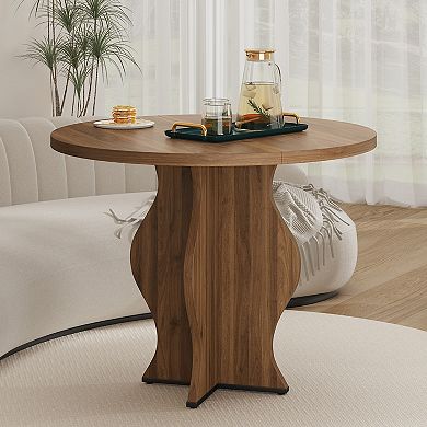 31.5" Round Farmhouse Dining Table for 2, Walnut Finish, Wave Pedestal Base, Space-Saving