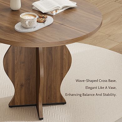31.5" Round Farmhouse Dining Table for 2, Walnut Finish, Wave Pedestal Base, Space-Saving