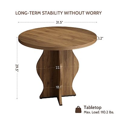 31.5" Round Farmhouse Dining Table for 2, Walnut Finish, Wave Pedestal Base, Space-Saving