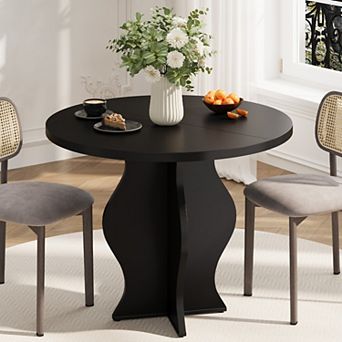 31.5" Round Farmhouse Dining Table for 2, Walnut Finish, Wave Pedestal Base, Space-Saving