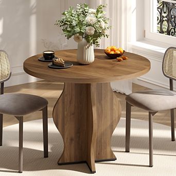 31.5" Round Farmhouse Dining Table for 2, Walnut Finish, Wave Pedestal Base, Space-Saving