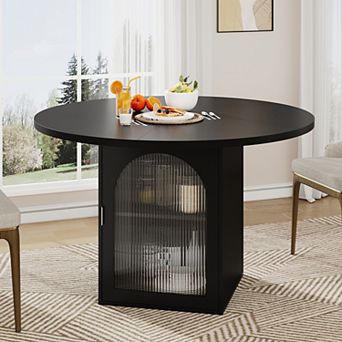47" Round Dining Table w/ Storage Cabinet, Pedestal Base, Ribbed Glass Doors, Seats 4-6