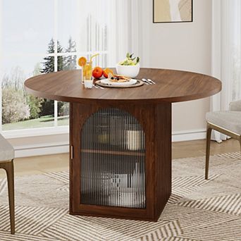 47" Round Dining Table w/ Storage Cabinet, Pedestal Base, Ribbed Glass Doors, Seats 4-6