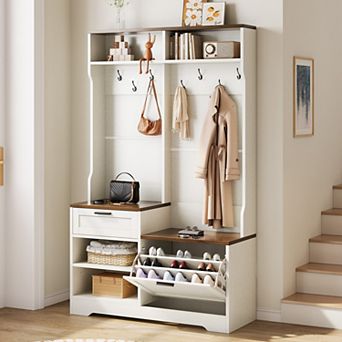 6-in-1 Hall Tree w/ Bench & Shoe Storage, MDF Wood, Walnut Grain, 43.3"Wx15.75"Dx70.87"H