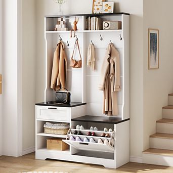 6-in-1 Hall Tree w/ Bench & Shoe Storage, MDF Wood, Walnut Grain, 43.3"Wx15.75"Dx70.87"H