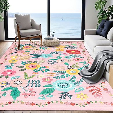 Floral Nursery Area Rugs, Washable Print Flower Boho Cute Carpet Non Slip Runner Carpet