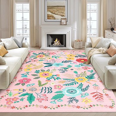 Floral Nursery Area Rugs, Washable Print Flower Boho Cute Carpet Non Slip Runner Carpet