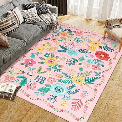 Floral Nursery Area Rugs, Washable Print Flower Boho Cute Carpet Non Slip Runner Carpet