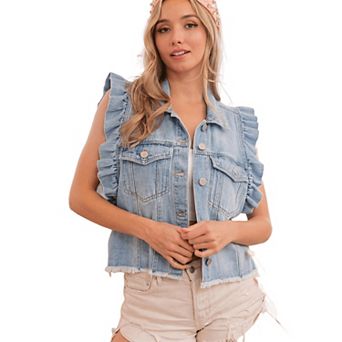 Women's Denim Jacket Ruffle Cap Sleeve Button Down Vest