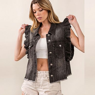 Denim Vest for Women Sleeveless Ruffle Cuffed Jean Jacket