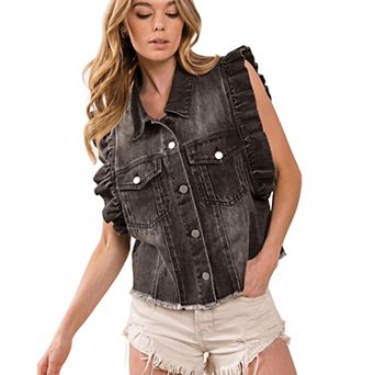 Denim Vest for Women Sleeveless Ruffle Cuffed Jean Jacket