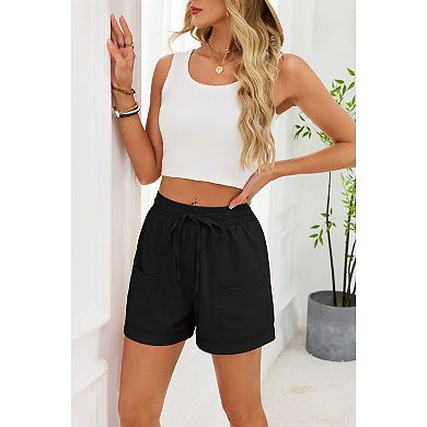 Women Casual Shorts Drawstring Elastic Waist with Pockets