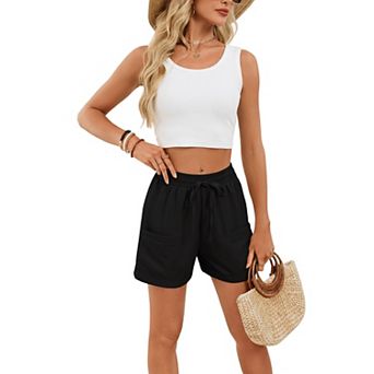 Women Casual Shorts Drawstring Elastic Waist with Pockets
