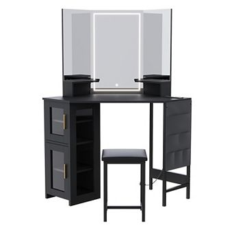 Bedroom Corner Dressing Vanity Set, Multifunctional Makeup Table with Charging Port Storage Organize