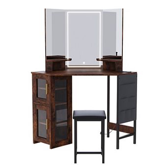 Bedroom Corner Dressing Vanity Set, Multifunctional Makeup Table with Charging Port Storage Organize