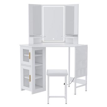 Bedroom Corner Dressing Vanity Set, Multifunctional Makeup Table with Charging Port Storage Organize