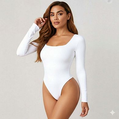 Women’s Long Sleeve Square Neck Thong Bodysuit