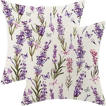 Spring Floral Lavender Butterfly Pillow Covers Soft Linen Decorative Set