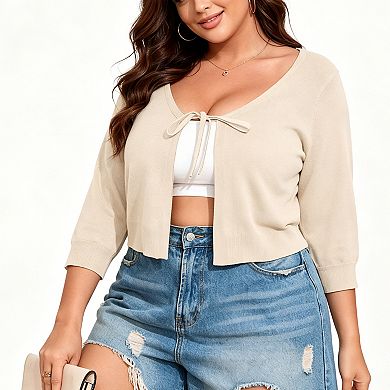 Women's Plus Size Cropped Cardigan Tie-Waist Knit Cover Up