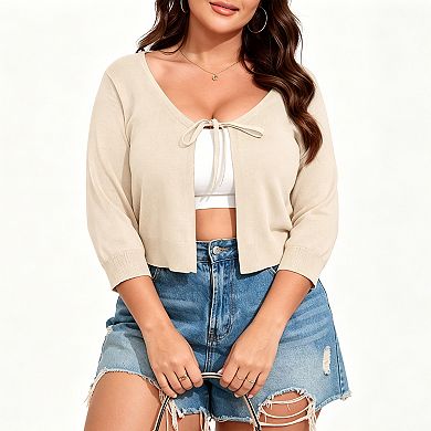 Women's Plus Size Cropped Cardigan Tie-Waist Knit Cover Up
