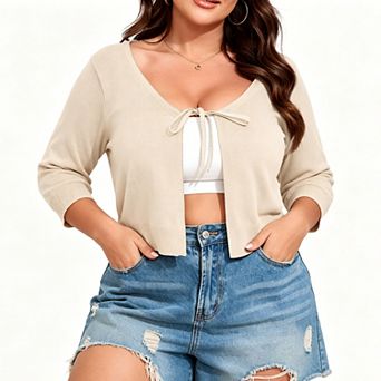 Women's Plus Size Cropped Cardigan Tie-Waist Knit Cover Up