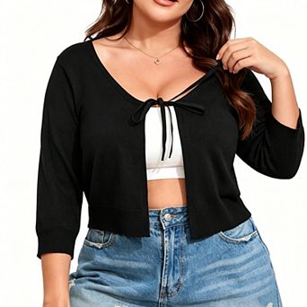 Women's Plus Size Cropped Cardigan Tie-Waist Knit Cover Up