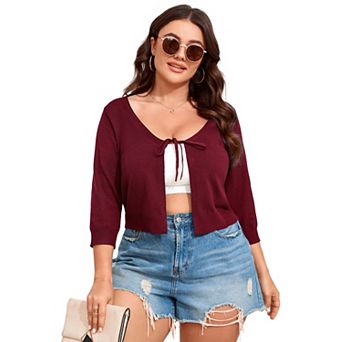 Women's Plus Size Cropped Cardigan Tie-Waist Knit Cover Up