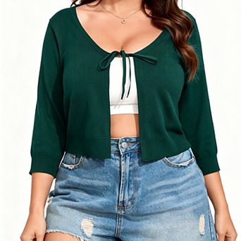 Women's Plus Size Cropped Cardigan Tie-Waist Knit Cover Up
