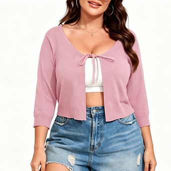 Women's Plus Size Cropped Cardigan Tie-Waist Knit Cover Up