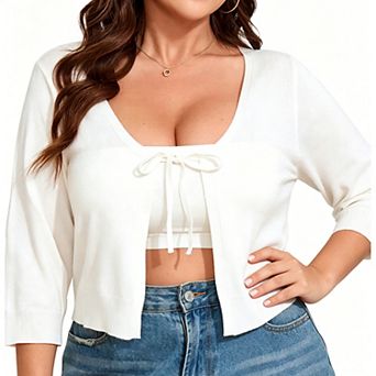 Women's Plus Size Cropped Cardigan Tie-Waist Knit Cover Up