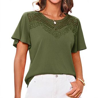 Women's Casual Ice Silk Ribbed Pleated Lace Trim Round Neck Short Sleeve Top