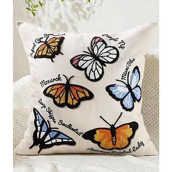 Embroidered Butterfly Pillow Cover, Canvas, Hidden Zipper, Decorative