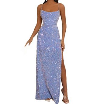 Women Strapless Formal Dress Glitter Sequin Front Split Elegant Evening Gown