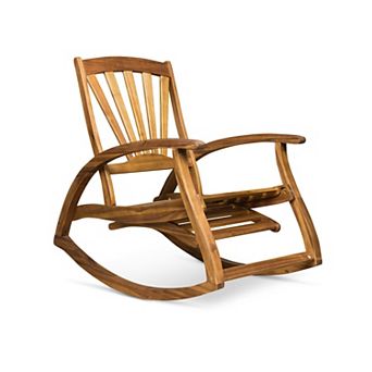 Outdoor Acacia Wood Rocking Chair with Retractable Footrest, Patio Rocker for Porch, Balcony
