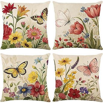 Set of 4 Farmhouse Pillow Covers, Floral Butterfly Decorative Covers